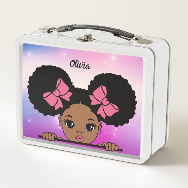 Personalised Puff Hair Baby girl Metal Lunch Box (Front)