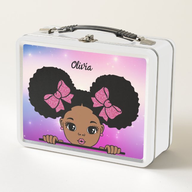 Personalised Puff Hair Baby girl Metal Lunch Box (Front)