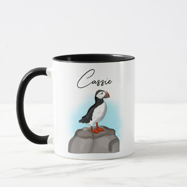 Personalised Puffin on a Rock Mug (Left)