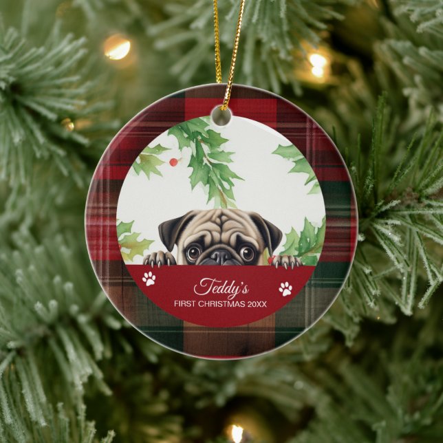 Personalised Pug Christmas Ceramic Ornament (Tree)