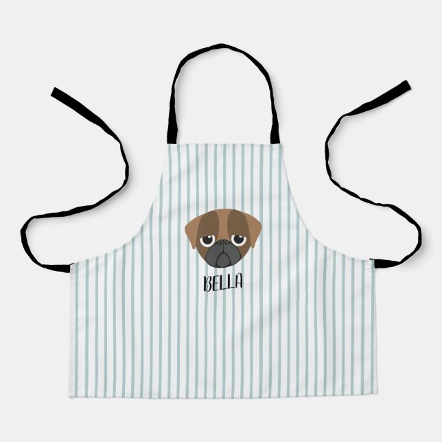 Personalised Pug Dog Custom Name Blue Stripes Apron (Front)