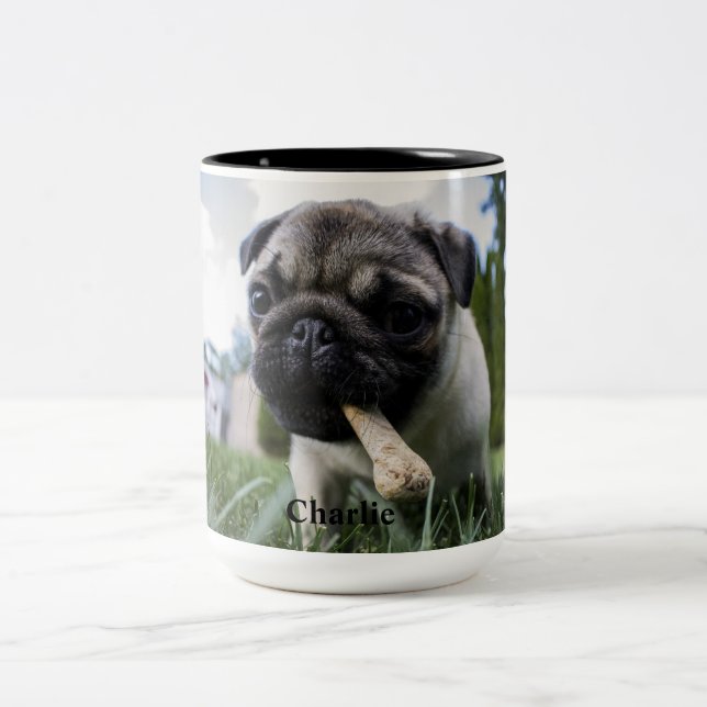 Personalised Pug Dog Photo and Name  Two-Tone Coffee Mug (Center)