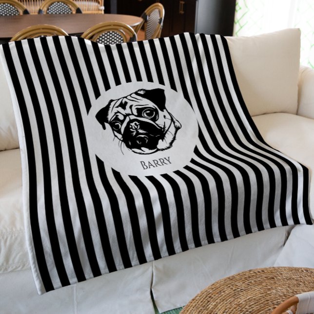 personalised pug dog  stylish trendy custom  fleece blanket (modern trendy striped pug dog blanket , fun persoanlized with a special name , ideal for gifting)