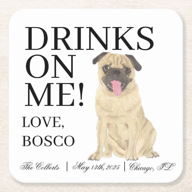 Personalised Pug Dog Wedding Square Paper Coaster (Front)