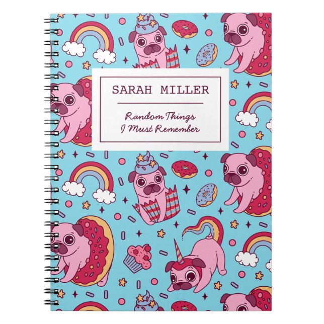 Personalised Pug Doodle Pattern Sweet Dessert Notebook (Front)