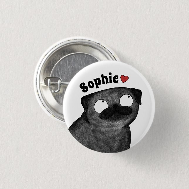 Personalised Pug Name Button, Custom Name Pug 3 Cm Round Badge (Front & Back)