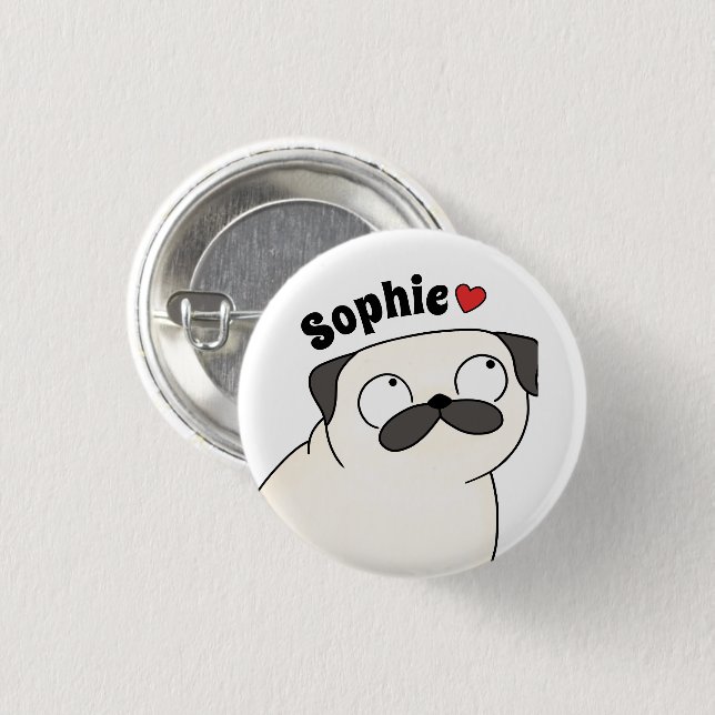 Personalised Pug Name Button Pin, Custom Name Pug  (Front & Back)