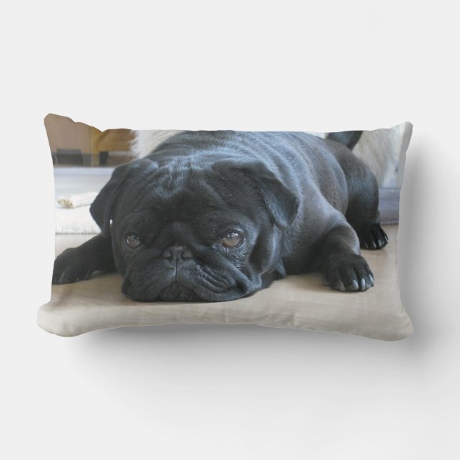 Personalised Pug Pillow, black pug puppy, cute Lumbar Cushion (Front)
