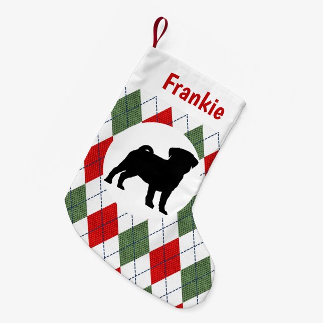 Personalised Pug Red And Green Argyle Pattern Small Christmas Stocking (Front (Hanging))