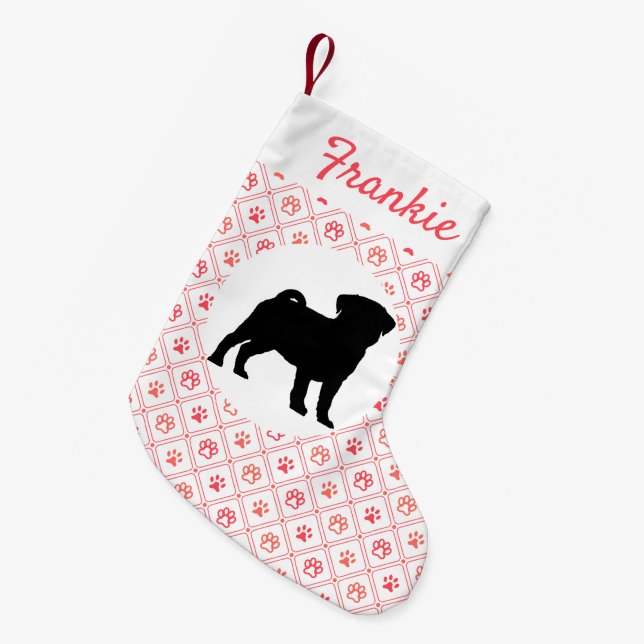 Personalised Pug Red Paw Print Tile Pattern Small Christmas Stocking (Front (Hanging))