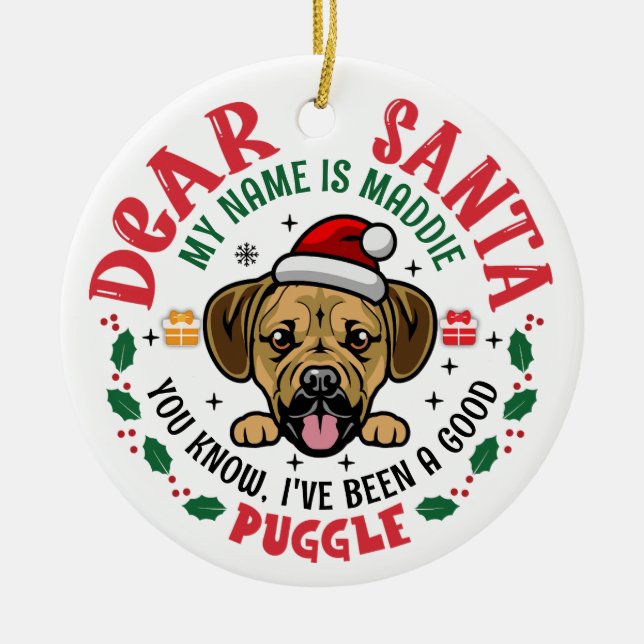 Personalised Puggle Dog Christmas Tree Round White Ceramic Ornament (Front)