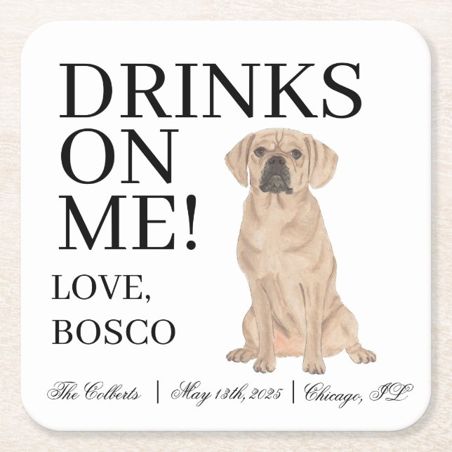 Personalised Puggle Dog Wedding Square Paper Coaster (Front)