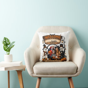 Personalised Pumpkin Family Halloween Welcome Sign Cushion