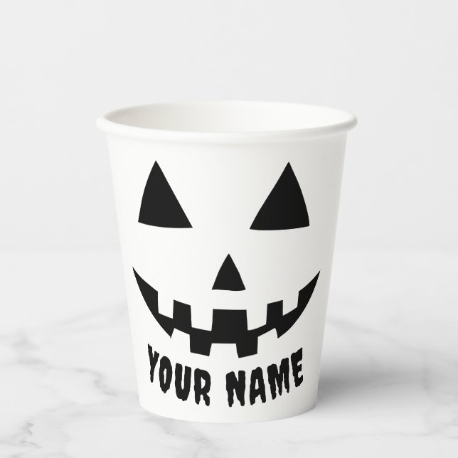 Personalised Pumpkin Halloween Name Black & White Paper Cups (Front)