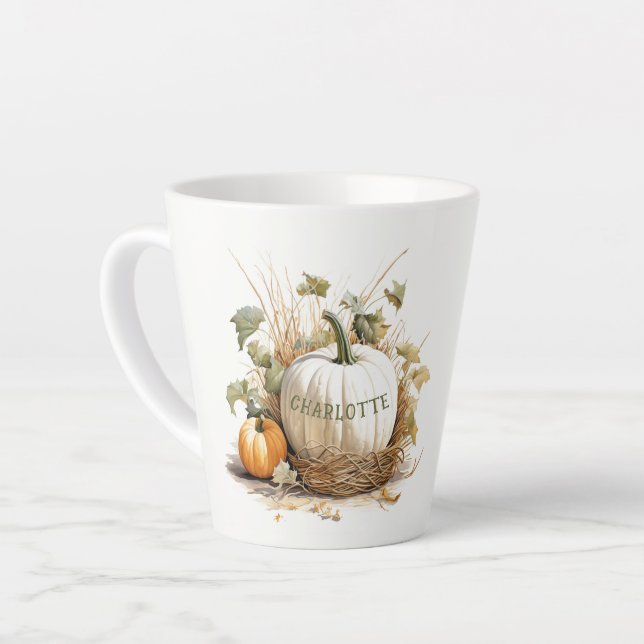 Personalised Pumpkin Patch White Pumpkin Autumn Latte Mug (Left Angle)