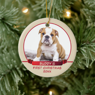 Personalised Puppy 1st Christmas Pet Photo Red Ceramic Ornament