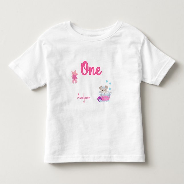 Personalised Puppy in Bath One Year Old Birthday  Toddler T-Shirt (Front)