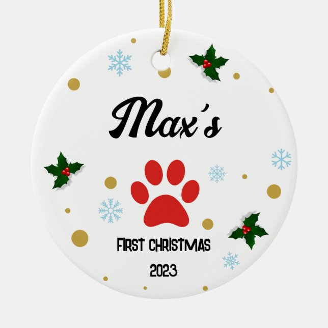 Personalised Puppy's 1st Christmas Ceramic Ornament (Front)