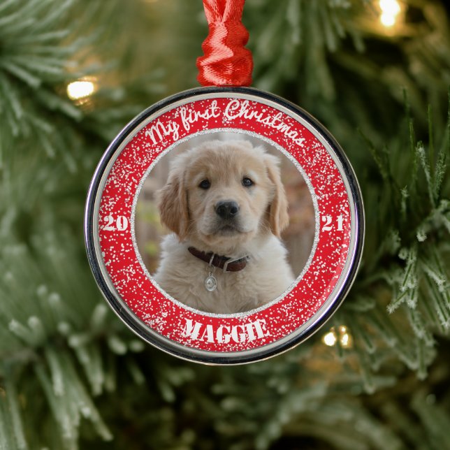 Personalised Puppy's First Christmas Photo Metal O Metal Ornament (Tree)