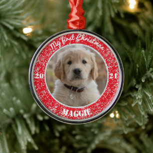 Personalised Puppy's First Christmas Photo Metal O Ornament