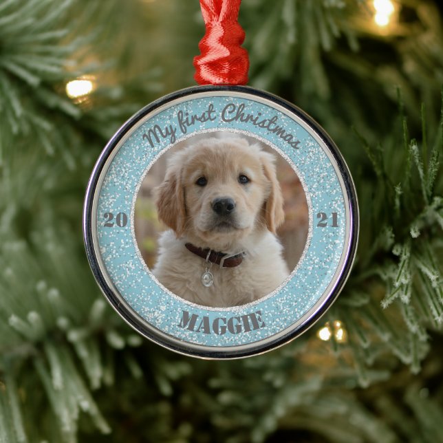 Personalised Puppy's First Christmas Photo Metal Ornament (Tree)