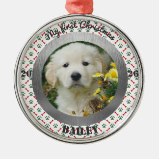 Personalised Puppy's First Christmas Photo Metal Ornament