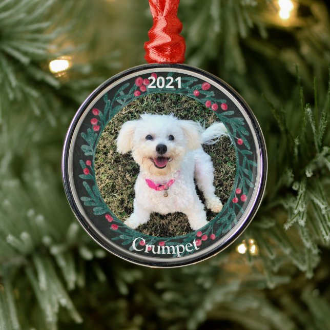 Personalised Puppy's First Christmas Photo Metal Ornament (Tree)