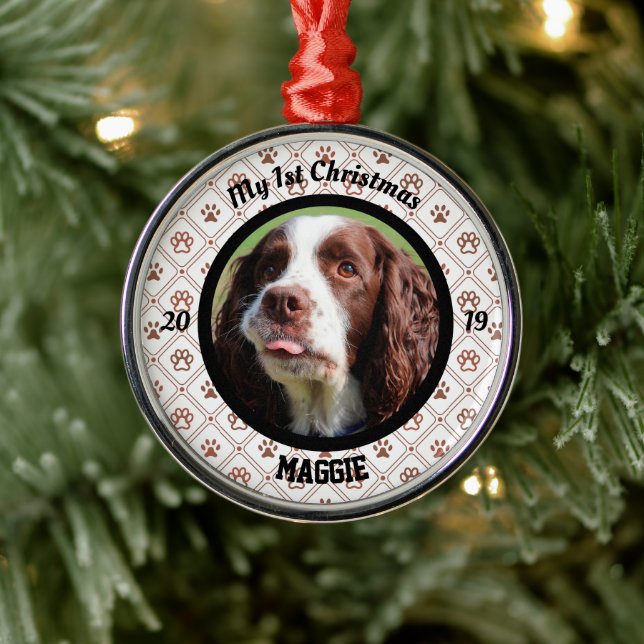 Personalised Puppy's First Christmas Photo Metal Ornament (Tree)