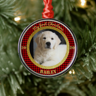 Personalised Puppy's First Christmas Photo Metal Ornament