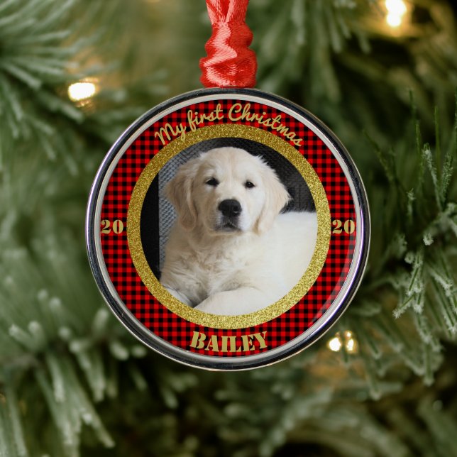 Personalised Puppy's First Christmas Photo Metal Ornament (Tree)