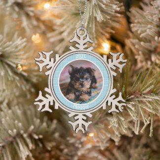 Personalised Puppy's First Christmas Photo Snowflake Pewter Christmas Ornament