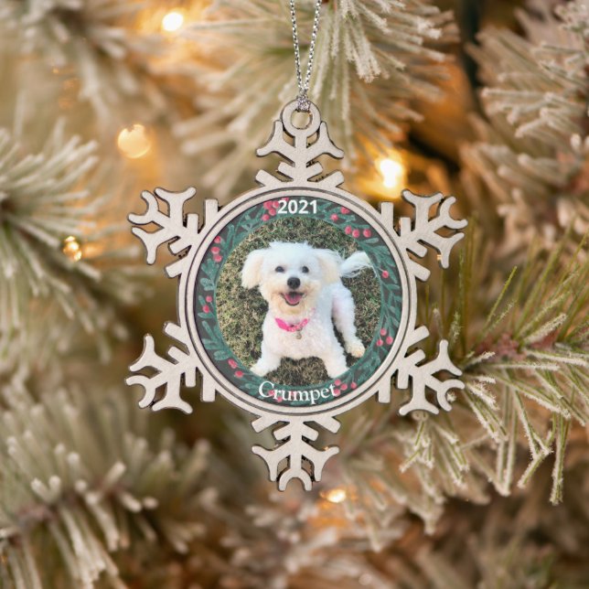 Personalised Puppy's First Christmas Photo Snowflake Pewter Christmas Ornament (Tree)