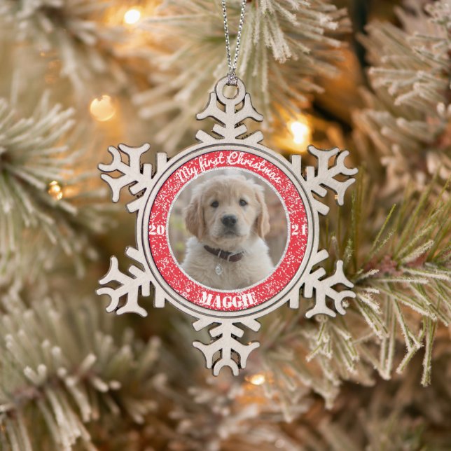 Personalised Puppy's First Christmas Photo  Snowflake Pewter Christmas Ornament (Tree)