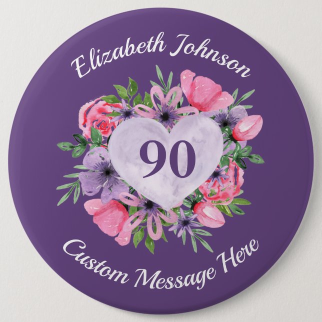 Personalised Purple 90th Birthday Button (Front)