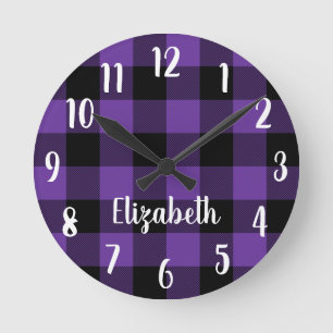 Personalised Purple and Black Buffalo Plaid Round Clock