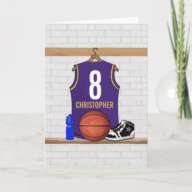 Personalised Purple and Gold Basketball Jersey Card (Front)
