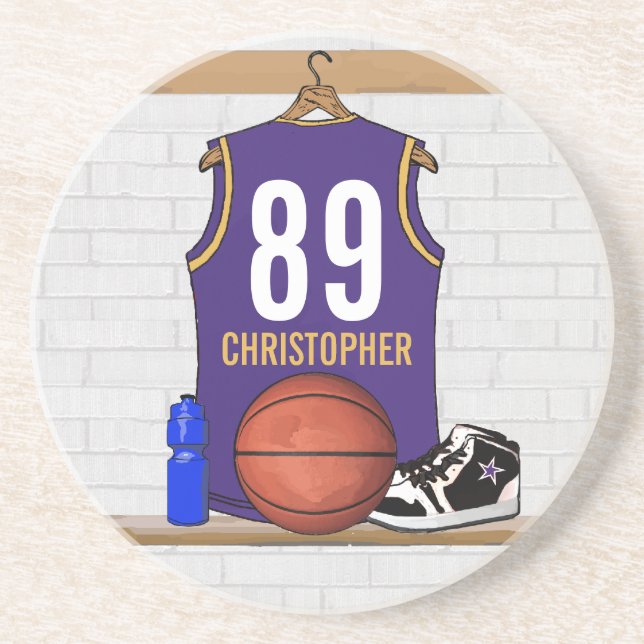 Personalised Purple and Gold Basketball Jersey Coaster (Front)