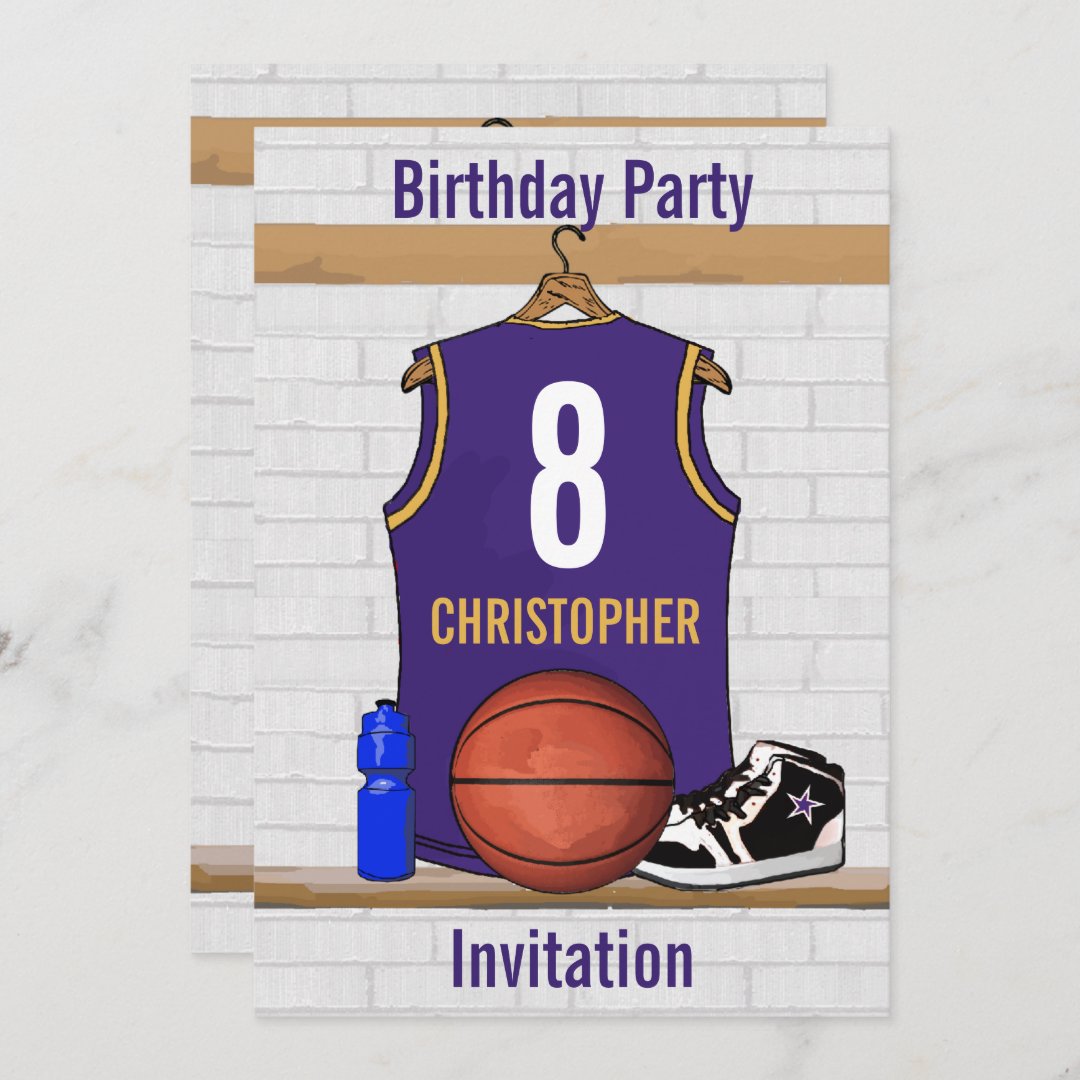 Personalised Purple and Gold Basketball Jersey Invitation Zazzle