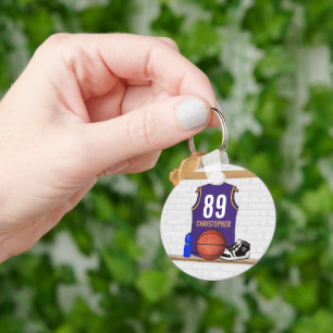 Personalised Purple and Gold Basketball Jersey Key Ring