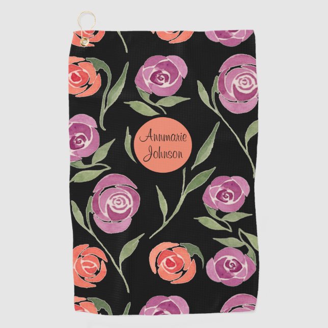 Personalised Purple and Peach Floral Ladies Golf Towel (Front)