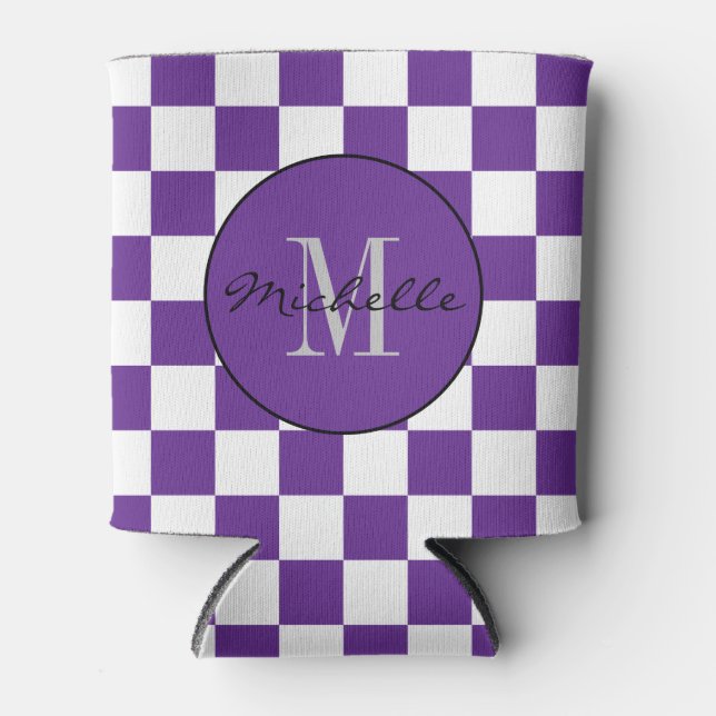 Personalised purple and white Chequerboard Pattern Can Cooler (Front)