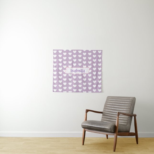 Personalised Purple and White Hearts Wall Tapestry (In Situ (Horizontal))
