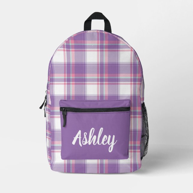 Personalised Purple and White Plaid  Printed Backpack (Front)