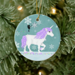 Personalised Purple and White Unicorn and Fairy Ceramic Ornament