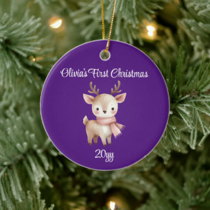 Personalised Purple Baby Girl Her First Christmas Ceramic Ornament