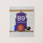 Personalised Purple Basketball Jersey  Puzzle<br><div class="desc">Personalised purple basketball jersey hanging in a locker room with a basketball , basketball sneakers and a drinks bottle. The jersey is customisable with your own numbers and name, to create a truly unique gift for the Basketball player or basketball fan. If you require a different colour combination contact us...</div>