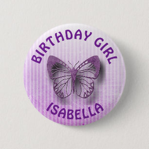 Personalised Purple Birthday Girl Butterfly Button