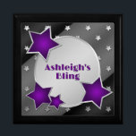 Personalised Purple Black Silver Stars Trinket Box<br><div class="desc">This customisable black and silver jewellery box has four large purple stars and a spot for you to personalise with your own name,  initials,  or text. If you have any requests for changes,  or need help customising this with your text,  please email niteowlstudio@gmail.com.</div>