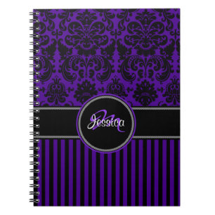 Personalised Purple Black White Striped Damask Notebook