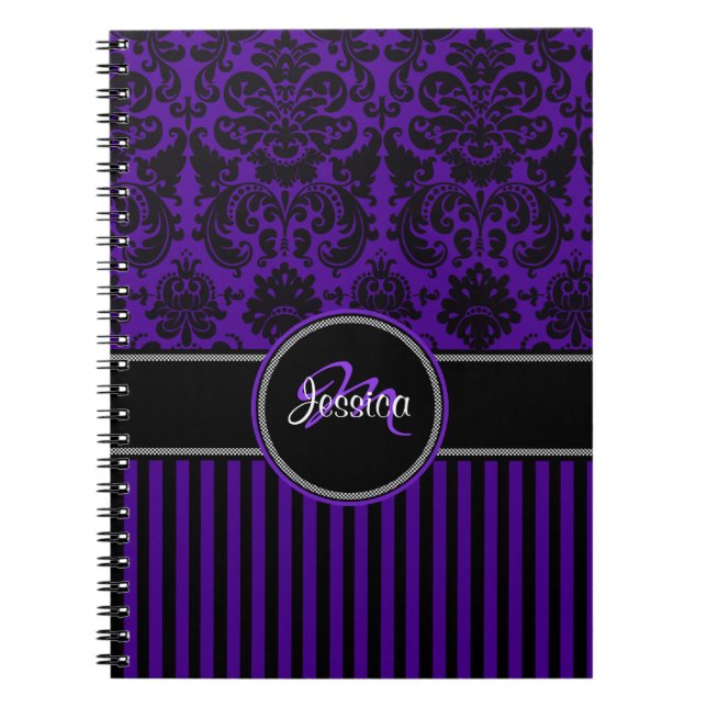 Personalised Purple Black White Striped Damask Notebook (Front)